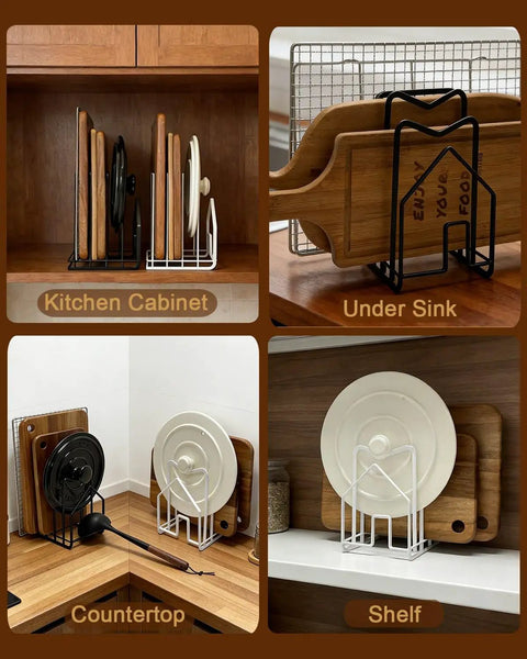 Compact Cutting Board Rack Organizer For Kitchen Countertop And Lids Flat Steel Stand holding boards and lids in various settings