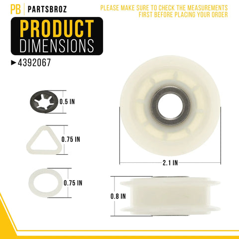 Dimensions of parts in Dryer Repair Kit 4392067 For Whirlpool Duet with Roller Drum Support Kit W10314171 W10314173