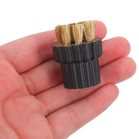 Ten Piece Steam Cleaner Brush Head Replacement Kit featuring heavy duty copper and steel bristles in hand for scrubbing grime.