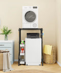 Upgraded Heavy Duty Adjustable Washer Dryer Stacking Rack For Tight Laundry Spaces And Compact Apartments Featuring Real Solid Steel Build And No Sweat Flexible Height Adjustments in a compact laundry with washer and dryer.