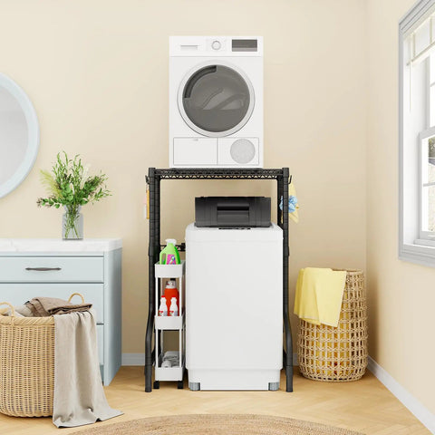 Upgraded Heavy Duty Adjustable Washer Dryer Stacking Rack For Tight Laundry Spaces And Compact Apartments Featuring Real Solid Steel Build And No Sweat Flexible Height Adjustments in a compact laundry with washer and dryer.