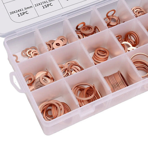 Go-To Copper Crush Washer Set Kit 350 Pcs in 18 Sizes for Automotive, Marine, Plumbing and Oil Drain Plug Seals - Pro Grade Copper Gasket Assortment for Premium Material Washers, assorted copper washers in organizer case