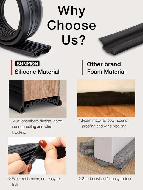 Comparison of Kick Those Drafts Hella Durable Silicone Door Draft Stopper and foam seal, highlighting materials and features.