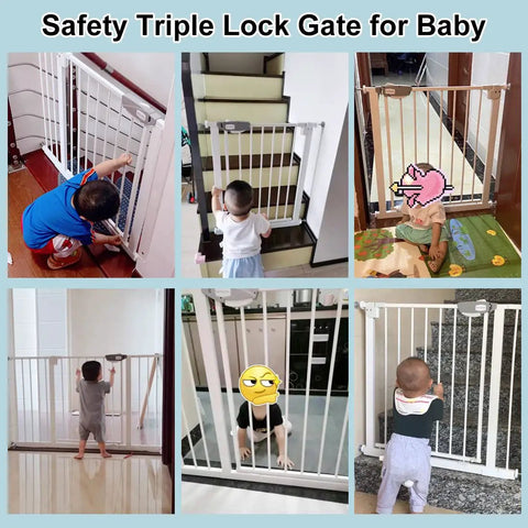 Ultra Wide Baby Gate With Triple Lock No-Fuss Pressure Mounted in use with children, shown in various home settings.