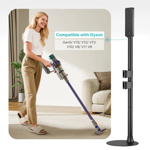 Woman vacuuming next to Boss Grade Steel Vacuum Stand For Cordless Vacuums, Fits Gen5 V15 V12 V11 V10 V8 V7 V6