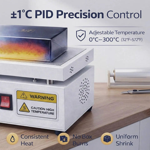 Hassle Free Manual Shrink Wrap Heat Sealer For Bopp And Pvc Film Smooth Overwrapping Packing Tool For Perfume Cosmetics Gift Boxes Quick Heat Up Digital Temp Control showing adjustable temperature controls.