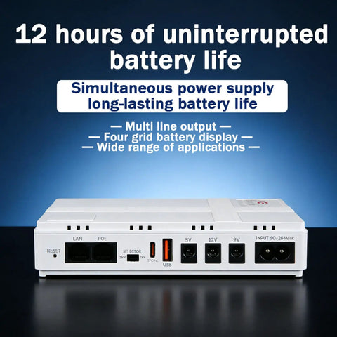 Mini UPS Backup Power Supply 8000mAh Battery Pack For Routers and Modems with multi output ports and battery display.