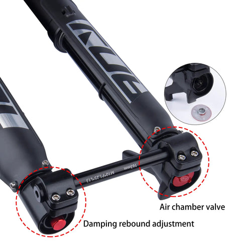 Beefy Downhill Mountain Bike Front Fork With Air Suspension Inverted Thru Axle Boost 15x110mm close-up of fork ends and adjustments