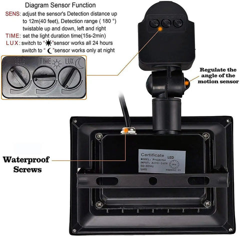 Bright 50W Motion Sensor LED Flood Light Plug In Outdoor Security Lamp No Fuss With 4500LM Output IP66 Waterproof Auto On Off 6500K Daylight US 3 Prong Plug For Garage Warehouse Billboard Stairs