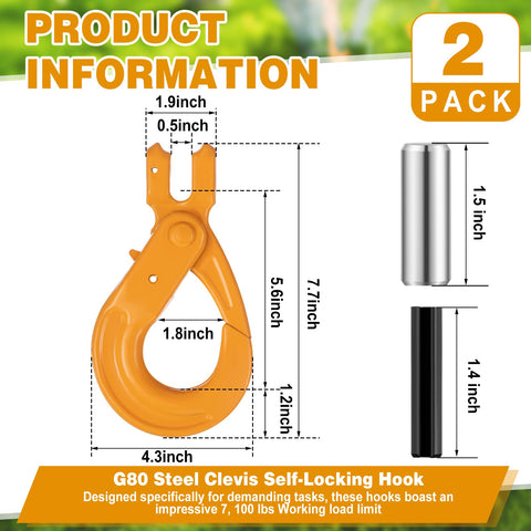 Beefy Heavy Duty Grade 80 Self Locking Hooks 3/8 Inch Steel Clevis 7100 Lb Load Rating Lifting And Tie Down Pack Of 2