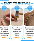 Step-by-step installation guide for Top Shelf Antique Bronze Upholstery Tacks on furniture fabric using a hammer.