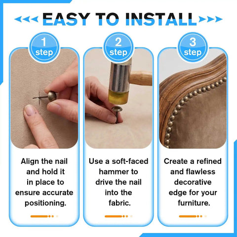 Step-by-step installation guide for Top Shelf Antique Bronze Upholstery Tacks on furniture fabric using a hammer.