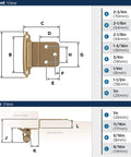 1 Pair Three Eighths Inch Inset Champagne Bronze Self Closing Cabinet Hinge For Face Frame Cabinets Heavy Duty Steel Construction With Decorative Finish Not For Overlay Cabinets front view dimension chart