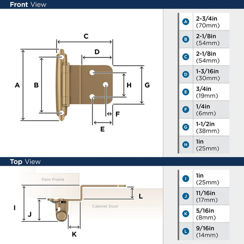 1 Pair Three Eighths Inch Inset Champagne Bronze Self Closing Cabinet Hinge For Face Frame Cabinets Heavy Duty Steel Construction With Decorative Finish Not For Overlay Cabinets front view dimension chart