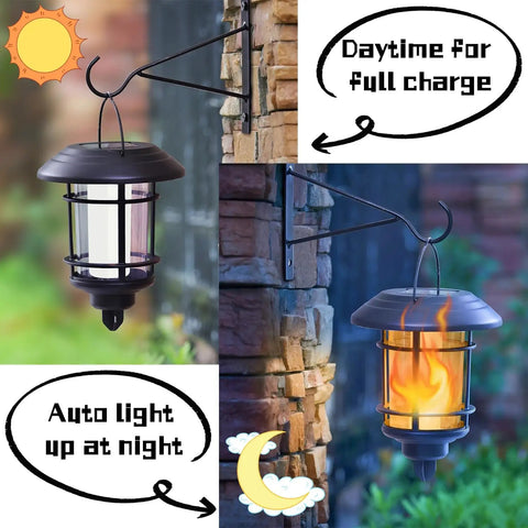 Daytime solar charging and nighttime flickering glow visible in 4 Pack Solar Powered Flame Wall Lanterns Outdoor Waterproof Sconce Lights.