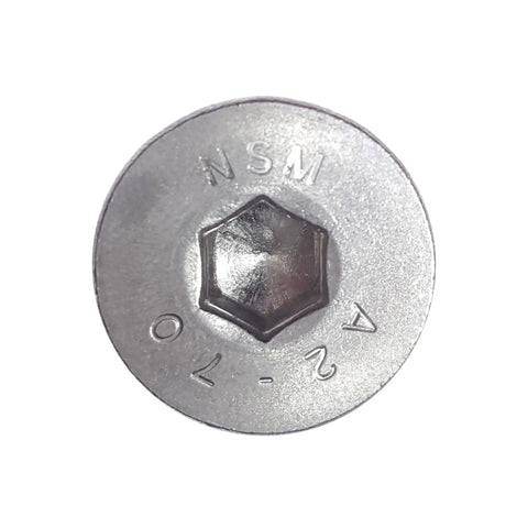 Close-up of M8-1.25 X 35mm Flat Head Socket Cap Screws With Allen Drive DIN 7991 A2-70 Stainless Steel, top view