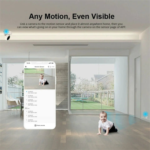 ZigBee Motion Sensor 2-Pack Wireless Motion Detector That Sends Instant Alerts and Triggers Lights in a modern living room setting.