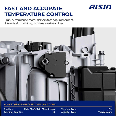 Close-up of Aisin aftermarket HVAC heater blend door actuator for Chevy Malibu 2013-2015, showcasing temperature control mechanism.