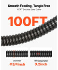 100FT durable steel cable with smooth feeding, showing dimensions 3/4 inch and 0.2 inch, for Reliable Heavy Duty Electric Sewer Snake Auger.
