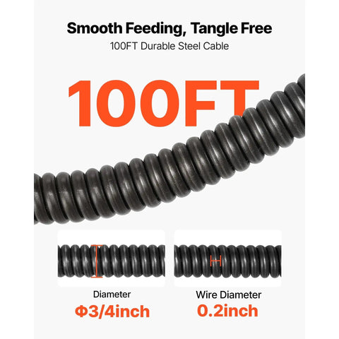 100FT durable steel cable with smooth feeding, showing dimensions 3/4 inch and 0.2 inch, for Reliable Heavy Duty Electric Sewer Snake Auger.