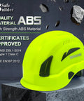 Tough As Nails Lightweight Safety Helmet With Six Point Suspension For Construction Sites Ansi Approved Vented Hard Hat Delivering Solid Grip And Rugged Long Lasting Support In Green, showing yellow hard hat with ABS material.