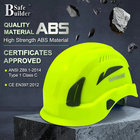 Tough As Nails Lightweight Safety Helmet With Six Point Suspension For Construction Sites Ansi Approved Vented Hard Hat Delivering Solid Grip And Rugged Long Lasting Support In Green, showing yellow hard hat with ABS material.