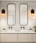 Rustic Wall Light Sconce With Seeded Glass Shade And Vintage Edison Bulb Look in bathroom setting, metal and wood fixture