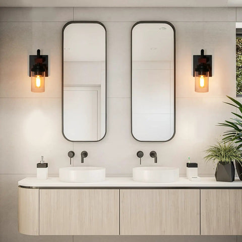 Rustic Wall Light Sconce With Seeded Glass Shade And Vintage Edison Bulb Look in bathroom setting, metal and wood fixture
