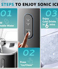 EUHOMY nugget ice maker, black countertop unit with handle; front control panel and open lid showing ice basket.