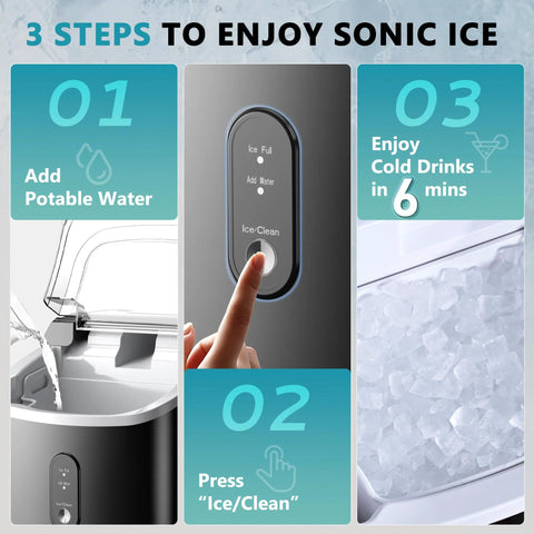 EUHOMY nugget ice maker, black countertop unit with handle; front control panel and open lid showing ice basket.