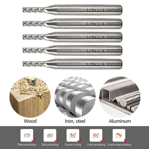 Yosoo HSS CNC end mill set, 1/8in diameter, 4-flute straight bits, 1/4in shank, for wood, nylon, aluminum, steel (5 pcs)