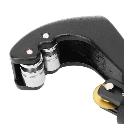 Close-up of Pro Grade Tubing Cutter for 4 to 32mm pipes, alloy steel and aluminum body, showing cutting wheel and rollers