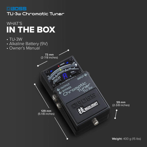 Waza Craft Compact Chromatic Tuner For Guitar And Bass with dimensions and items in the box displayed on dark background