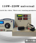 Electric meter setup displaying voltage and current readings with connected wiring, showcasing a 100W power supply.