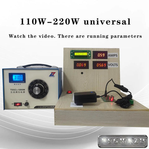 Electric meter setup displaying voltage and current readings with connected wiring, showcasing a 100W power supply.