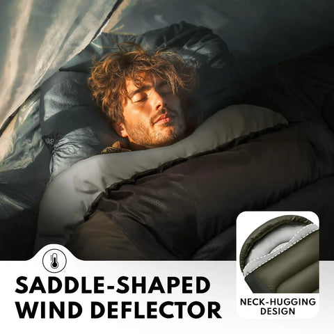 Man sleeping in XXL Winter Sleeping Bag For Adults And Kids, 4 Season Cold Weather Camping Gear with draft collar