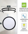 Diagram of Matte Black 14 Inch Round Flush Mount LED Ceiling Light, Dimmable 1400 Lumens, 3000K/4000K/5000K Color Temps.
