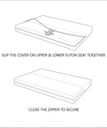 Diagram showing installation of Full Size Cotton Futon Cover Rust Slipcover For Sofa Bed And Foldable Armless Couch
