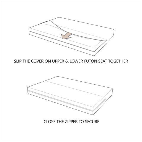 Diagram showing installation of Full Size Cotton Futon Cover Rust Slipcover For Sofa Bed And Foldable Armless Couch