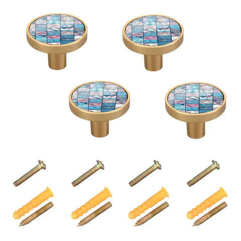 Boho Chic Cabinet Knobs And Drawer Pulls 4 Pack In Blue Pink Texture Zinc Alloy Hardware For Dressers And Cabinets Diameter One Point Two Six Inch Height Zero Point Nine Inch Rust Resistant Smooth Finish.