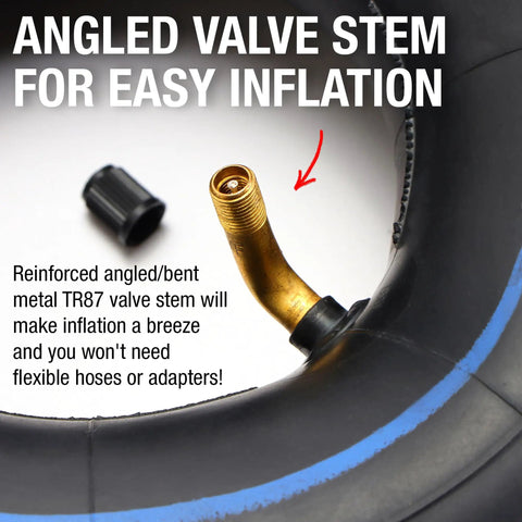 Close-up of bent TR-87 valve stem on Thorn Resistant 4.10/3.50-4 Inner Tubes 2 Pack for wheelbarrows and hand trucks.