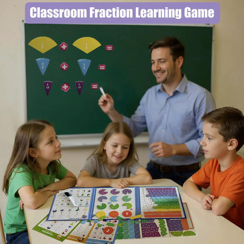 Teacher demonstrating Hands-On Fraction Learning Kit With Tiles For Elementary Math to children in classroom setting.