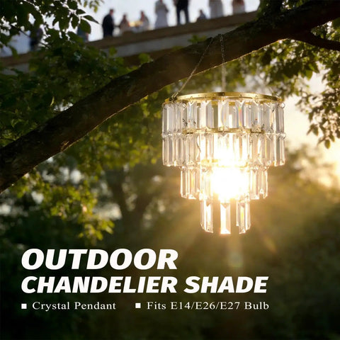 Modern Faux Chandelier Lampshade Featuring A Sleek Gold Frame And Three Tier Faceted Clear Acrylic Beads Ready To Hang For Girls Bedroom Easy Peasy Setup Next Level Bedroom Vibes, outdoor view with sunlight filtering.