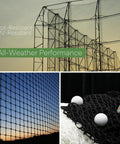 10x10ft Golf Impact Net For Backyard Practice And Garage Setup with black 3.0mm polyester netting shown at sunset and close-up with golf balls.
