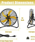Heavy Duty 20 Inch High Velocity Floor Fan Delivers 5300 CFM On High, 3 Speed Settings, 360 Degree Tilt, Tough As Nails All Metal Build For Garage Workshop Shop Office Or Home Use, UL Listed. Front and side views of the fan showing dimensions and power cord.