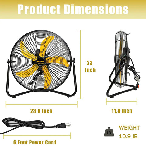 Heavy Duty 20 Inch High Velocity Floor Fan Delivers 5300 CFM On High, 3 Speed Settings, 360 Degree Tilt, Tough As Nails All Metal Build For Garage Workshop Shop Office Or Home Use, UL Listed. Front and side views of the fan showing dimensions and power cord.