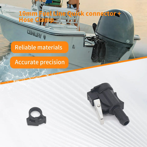 10mm fuel line quick connector and clamp with marine boat background, showcasing materials and precision.