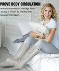 Woman using Air Compression Leg Massager Boots For Circulation And All Day Pain Relief With Pneumatic Calf And Foot Massage