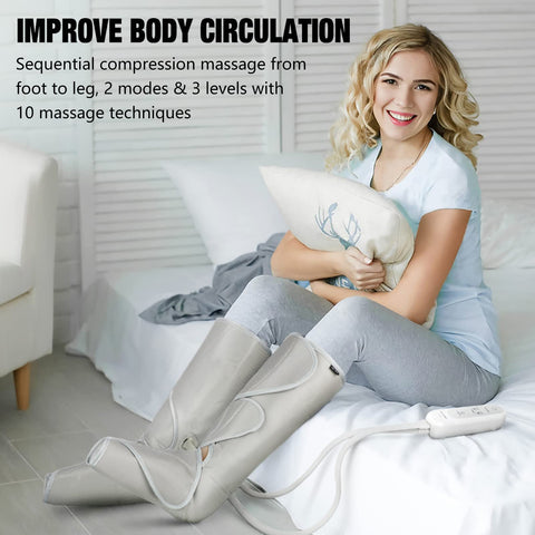 Woman using Air Compression Leg Massager Boots For Circulation And All Day Pain Relief With Pneumatic Calf And Foot Massage