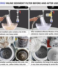 Comparison of washing machine and sink before and after using High Flow 40 Micron Brass Sediment Filter for home and RV systems.